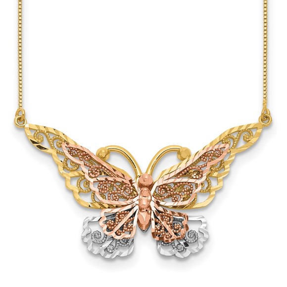 14k Yellow & Rose Genuine Gold with Rhodium Butterfly 17" Necklace - Picture 1 of 3